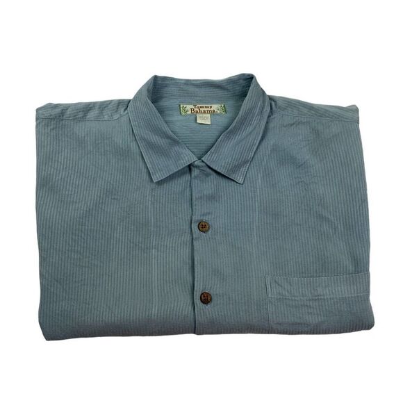 Tommy Bahama Button Up Shirt Mens Large‎ 100% Silk Collared Short Sleeve Green - Picture 6 of 8